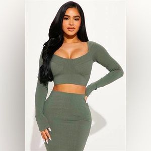Fashion Nova Olive Green Ribbed Crop Top & Skirt Set
